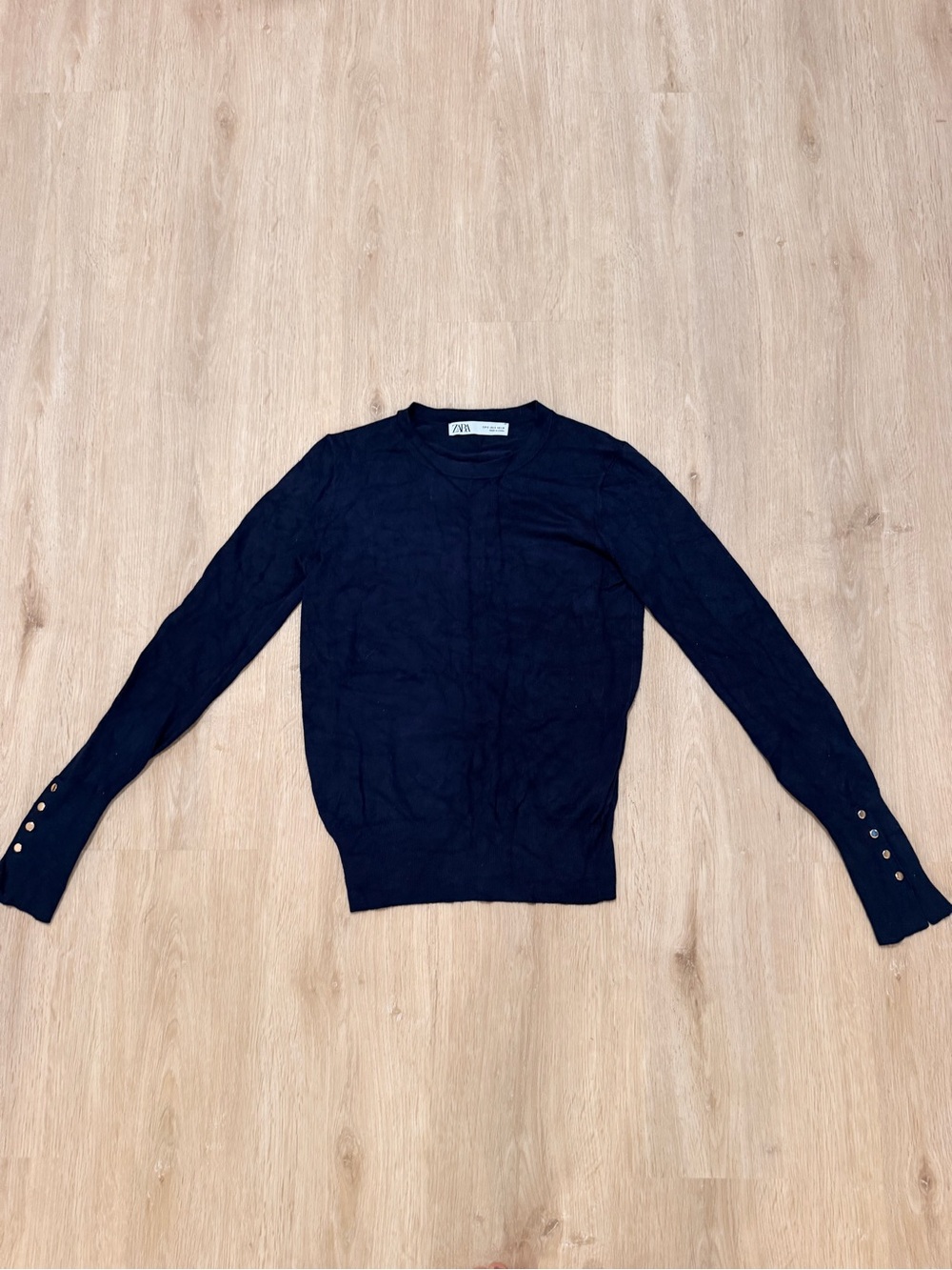 Zara Dark Navy Crewneck Sweater with Buttoned Cuffs
